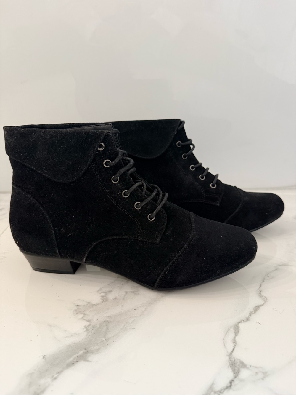 Black Suede Lace Up Ankle Booties Size 11 Fold Over Cuff